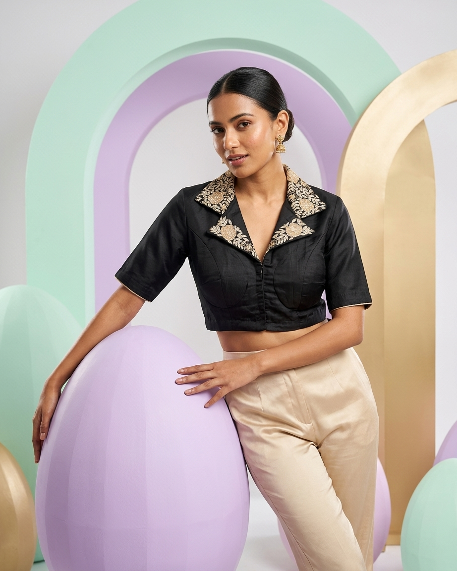 Noir Elegance Embroidered Collar Blouse