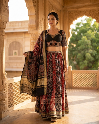 Rosaya Ajrakh Skirt Set with Alternate Blouse & Modal Silk Dupatta