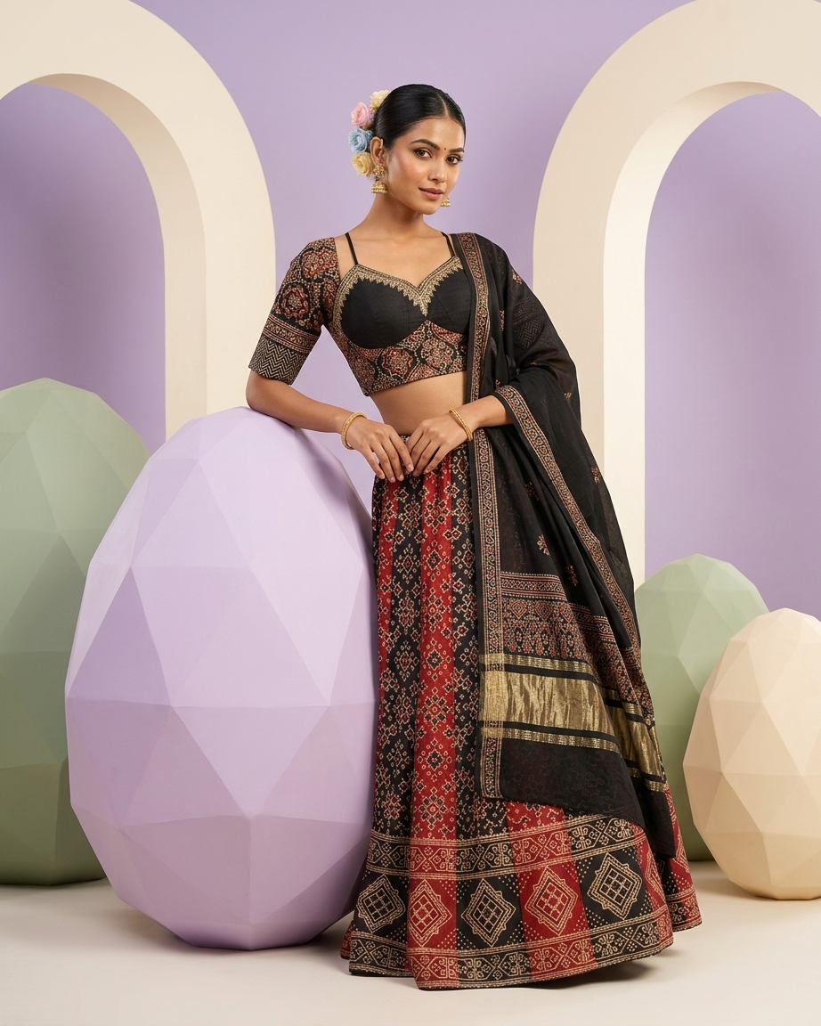 Rosaya Ajrakh Skirt Set with Alternate Blouse & Modal Silk Dupatta