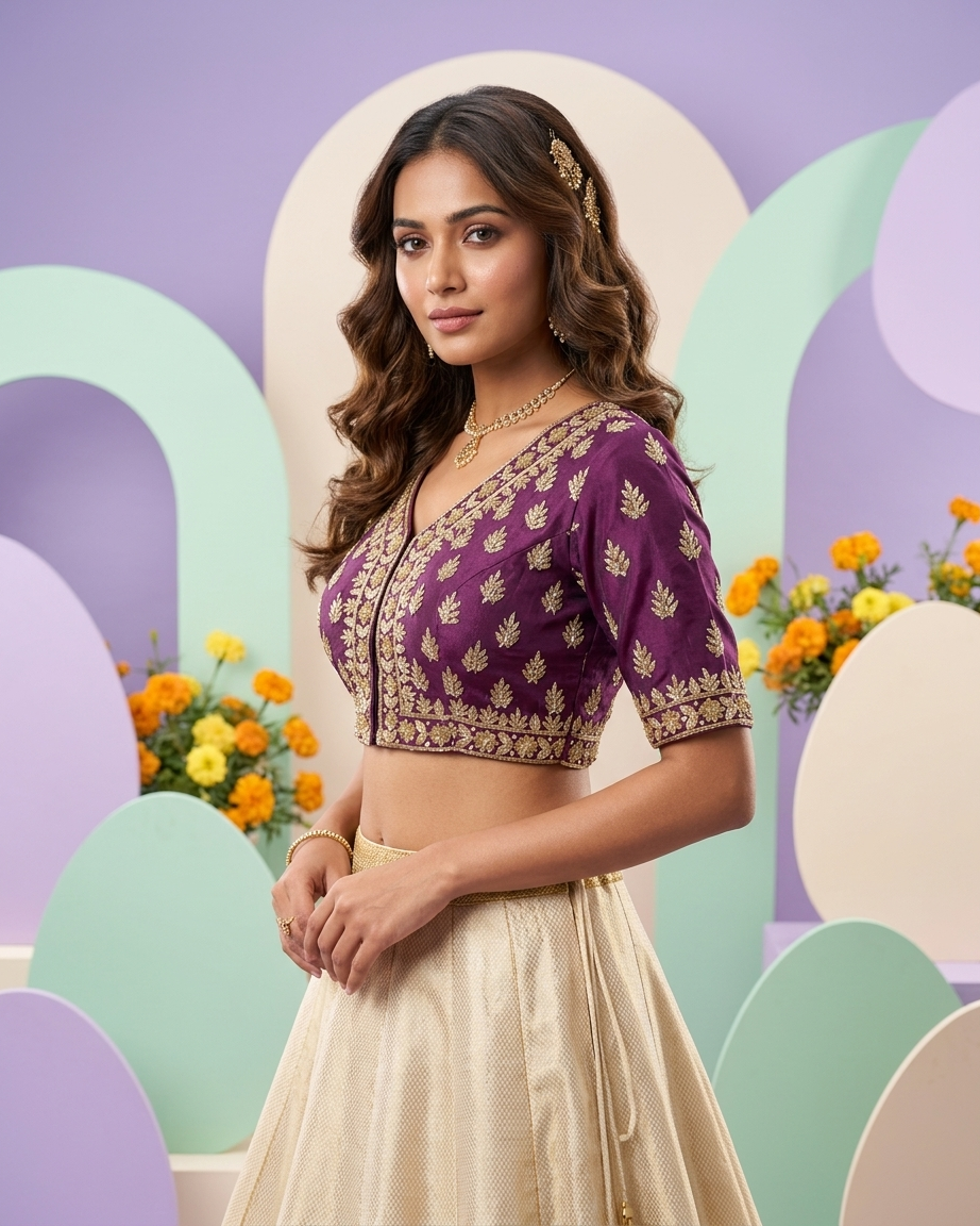 Handcrafted Zardozi Velvet Blouse for Women | Wine Banarasi Embroidered Festive & Wedding Wear – Rosaya