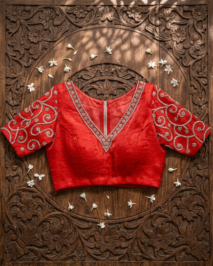 Red Embroidered V-Neck Blouse