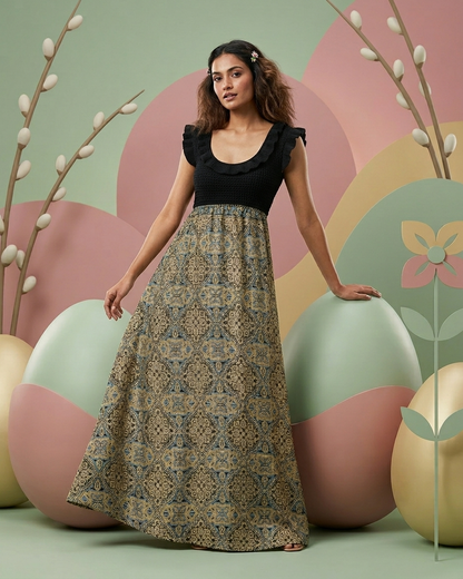 Rosaya Black & Block Print One-Piece Gown