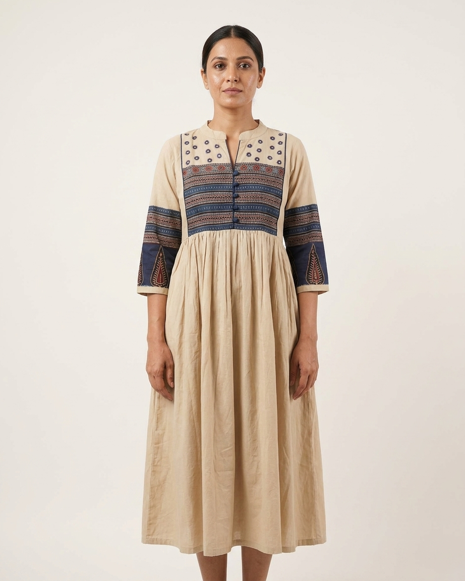 Beige Cotton Anarkali Kurta for Women | Ajrakh Printed Yoke Ethnic Dress with Pockets – Rosaya