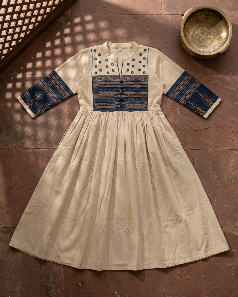 Beige Cotton Anarkali Kurta for Women | Ajrakh Printed Yoke Ethnic Dress with Pockets – Rosaya