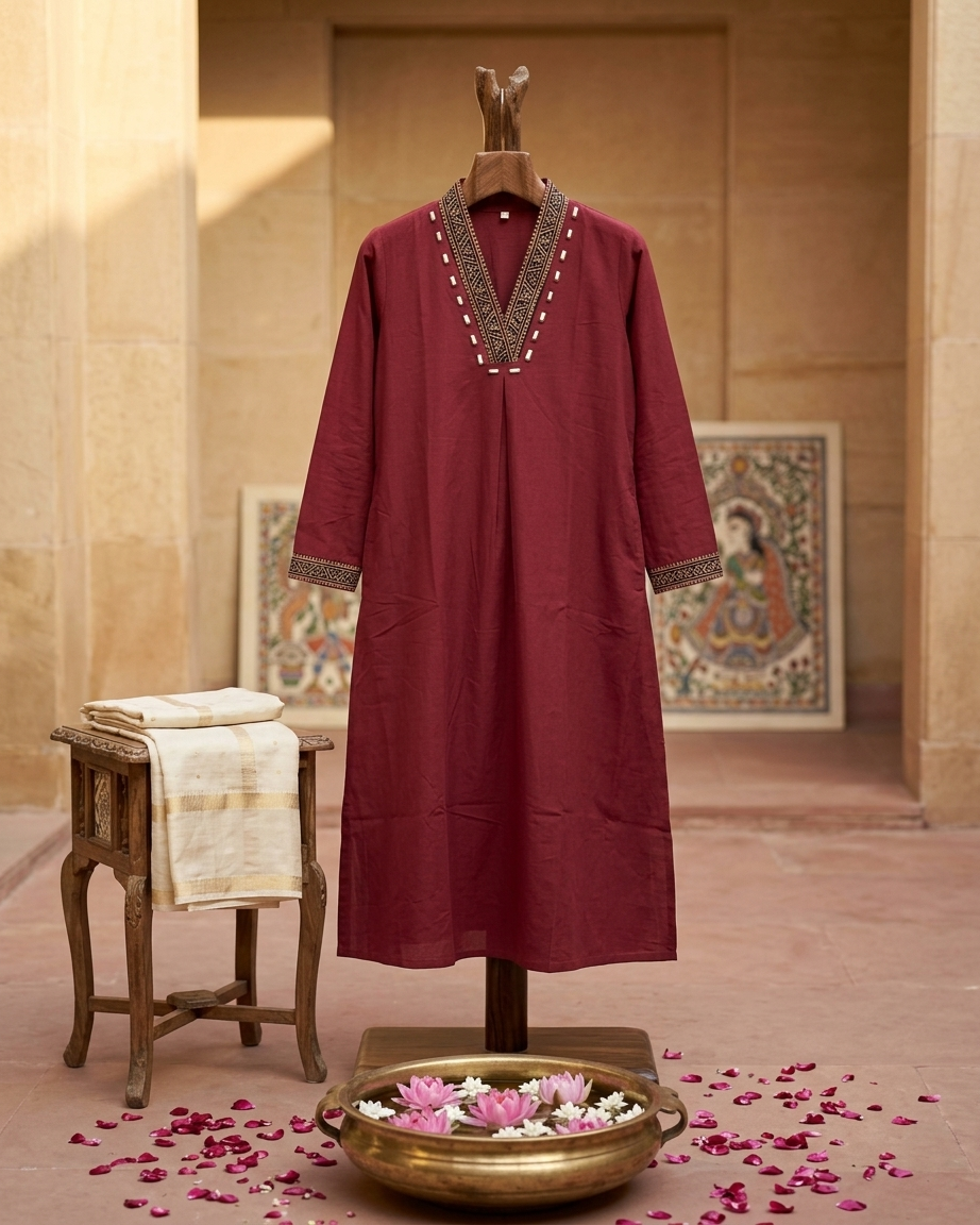 Maroon Cotton Kurta for Women | Handcrafted Embroidered Yoke Straight Kurta Ethnic Wear – Rosaya
