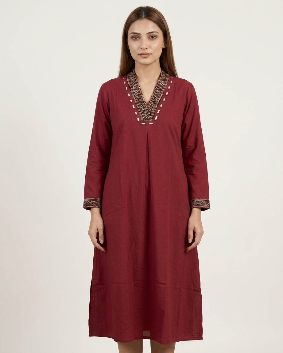 Maroon Cotton Kurta for Women | Handcrafted Embroidered Yoke Straight Kurta Ethnic Wear – Rosaya