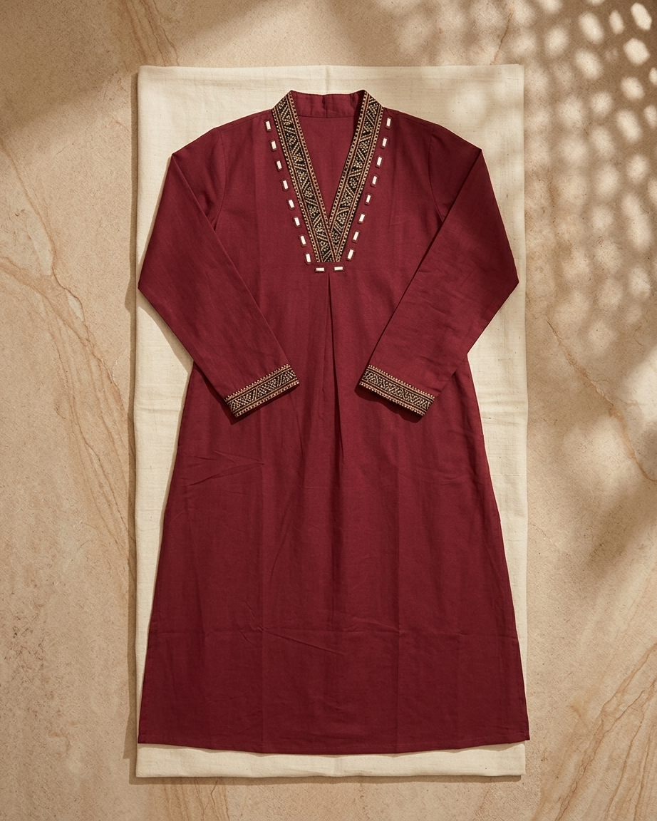 Maroon Cotton Kurta for Women | Handcrafted Embroidered Yoke Straight Kurta Ethnic Wear – Rosaya