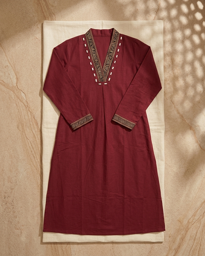 Maroon Cotton Kurta for Women | Handcrafted Embroidered Yoke Straight Kurta Ethnic Wear – Rosaya