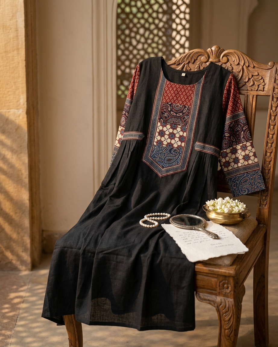 Black Cotton Anarkali Kurta for Women | Ajrakh Printed Yoke Ethnic Dress with Pockets – Rosaya