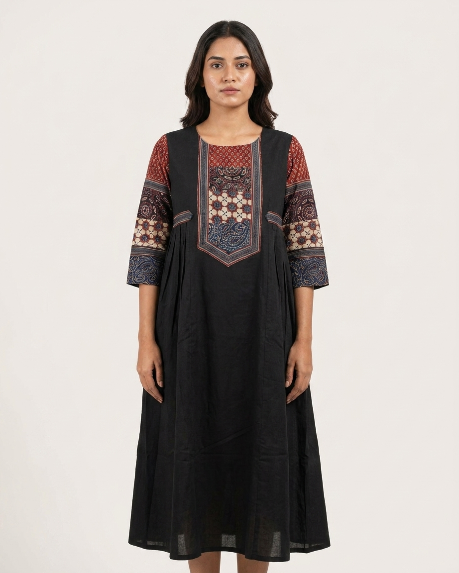 Black Cotton Anarkali Kurta for Women | Ajrakh Printed Yoke Ethnic Dress with Pockets – Rosaya