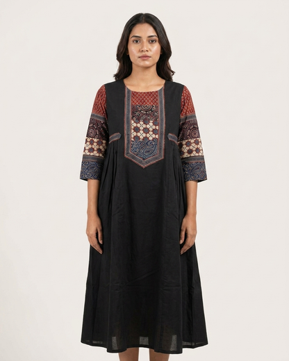 Black Cotton Anarkali Kurta for Women | Ajrakh Printed Yoke Ethnic Dress with Pockets – Rosaya