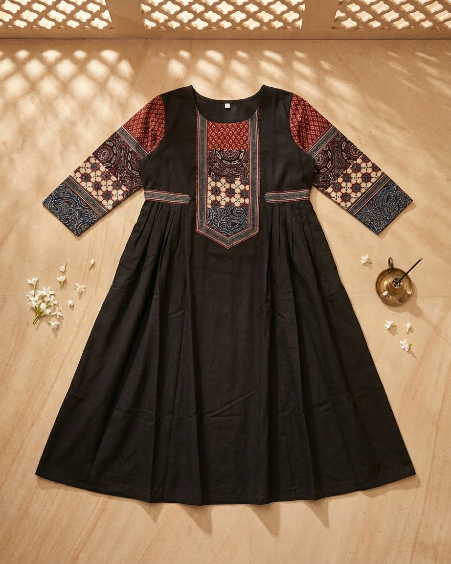 Black Cotton Anarkali Kurta for Women | Ajrakh Printed Yoke Ethnic Dress with Pockets – Rosaya