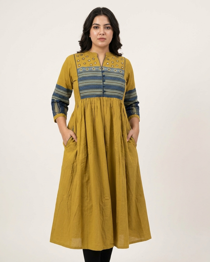 Mustard Cotton Anarkali Kurta for Women