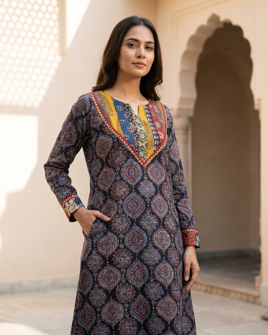 Midnight Ajrakh Printed Cotton Kurta for Women | Indigo Ethnic Kurta with Multicolor Yoke & Pockets – Rosaya