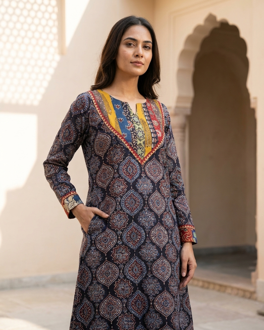 Midnight Ajrakh Printed Cotton Kurta for Women | Indigo Ethnic Kurta with Multicolor Yoke & Pockets – Rosaya