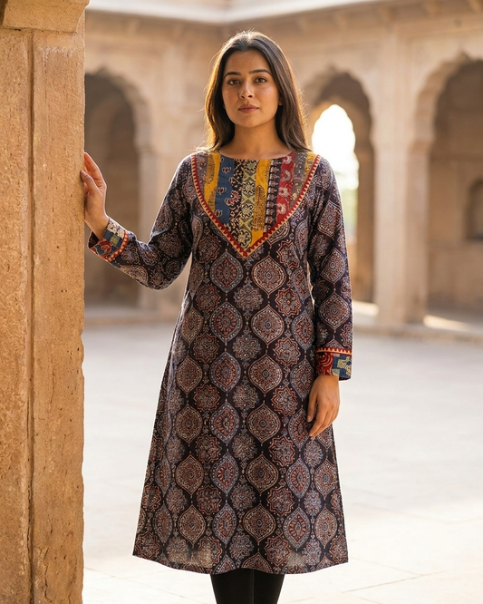 Midnight Ajrakh Printed Cotton Kurta for Women | Indigo Ethnic Kurta with Multicolor Yoke & Pockets – Rosaya