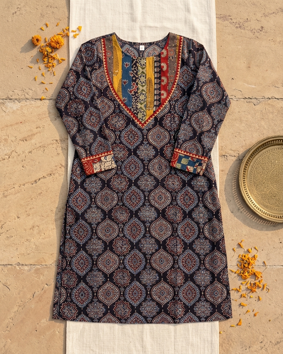 Midnight Ajrakh Printed Cotton Kurta for Women | Indigo Ethnic Kurta with Multicolor Yoke & Pockets – Rosaya