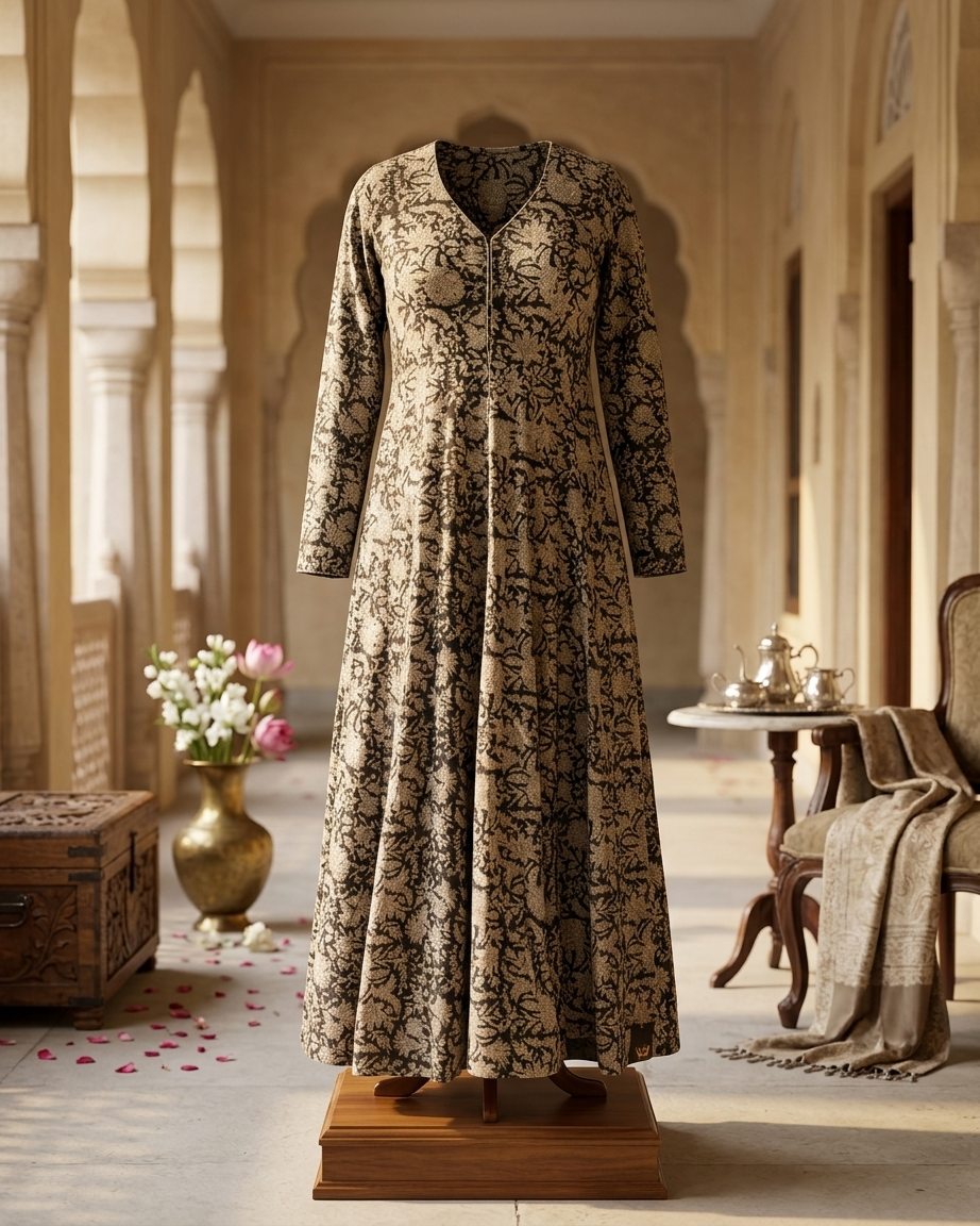 🖤 Raakhini – Handblock Printed Cotton Anarkali Kurti