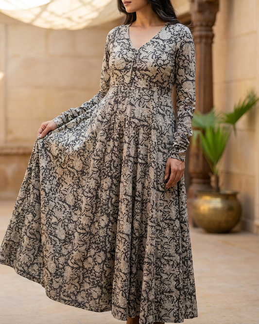 🖤 Raakhini – Handblock Printed Cotton Anarkali Kurti
