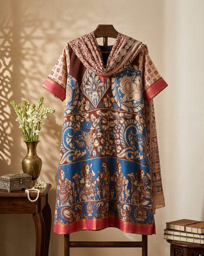 Kalamkari Inspired Printed Cotton Kurta for Women | Rust & Indigo Ethnic Kurta – Rosaya