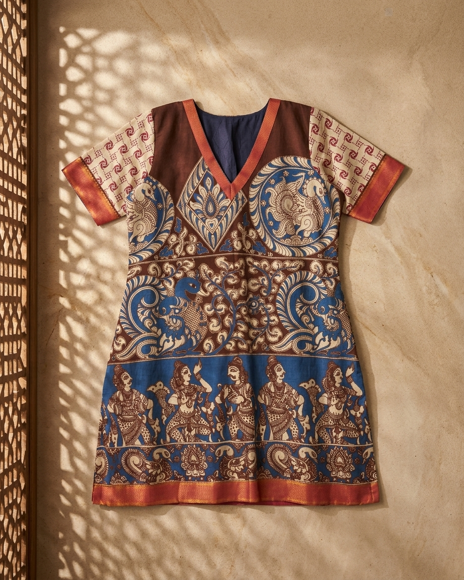 Kalamkari Inspired Printed Cotton Kurta for Women | Rust & Indigo Ethnic Kurta – Rosaya