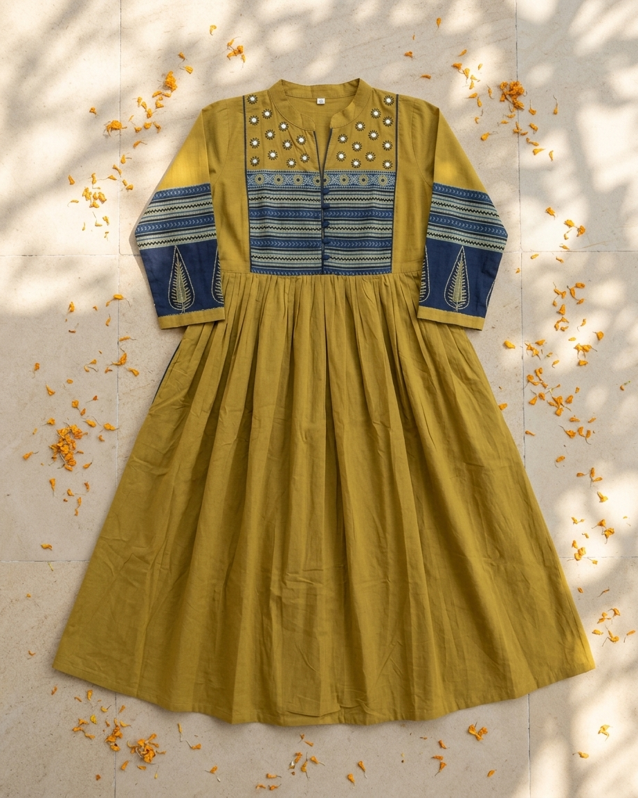 Mustard Cotton Anarkali Kurta for Women