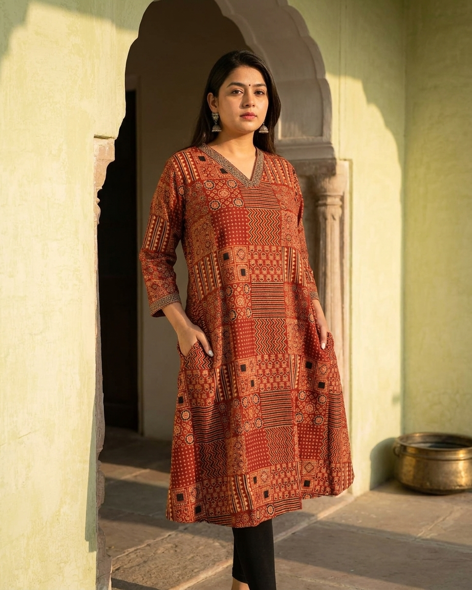 Rust Ajrakh Printed Cotton Kurta Dress for Women | Patchwork Ethnic A-Line Kurta with Pockets – Rosaya