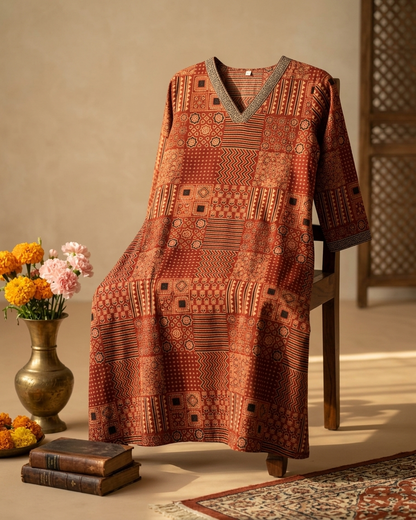 Rust Ajrakh Printed Cotton Kurta Dress for Women | Patchwork Ethnic A-Line Kurta with Pockets – Rosaya