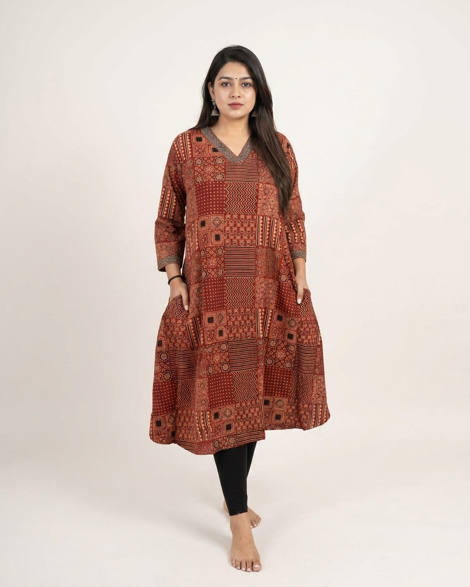 Rust Ajrakh Printed Cotton Kurta Dress for Women | Patchwork Ethnic A-Line Kurta with Pockets – Rosaya