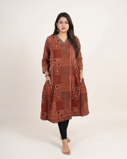 Rust Ajrakh Printed Cotton Kurta Dress for Women | Patchwork Ethnic A-Line Kurta with Pockets – Rosaya