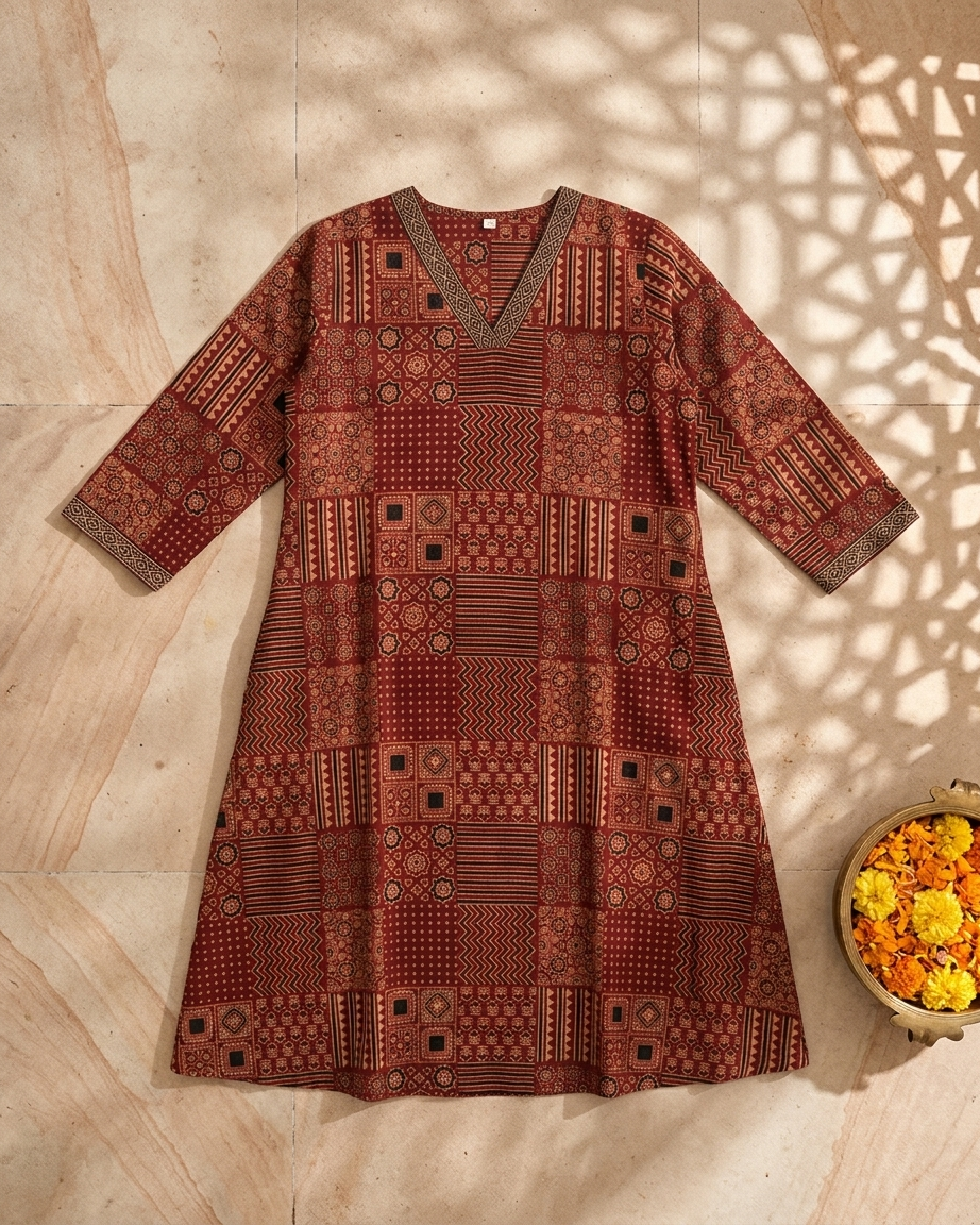 Rust Ajrakh Printed Cotton Kurta Dress for Women | Patchwork Ethnic A-Line Kurta with Pockets – Rosaya