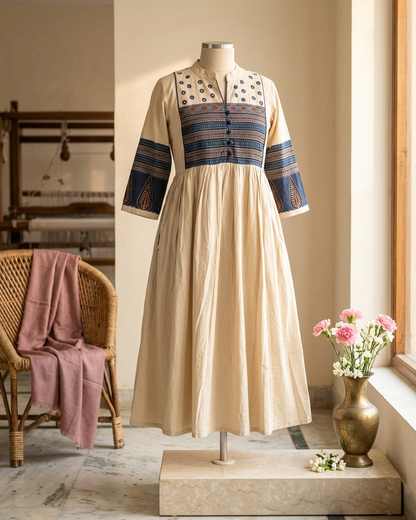 Beige Cotton Anarkali Kurta for Women | Ajrakh Printed Yoke Ethnic Dress with Pockets – Rosaya