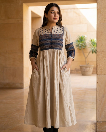 Beige Cotton Anarkali Kurta for Women | Ajrakh Printed Yoke Ethnic Dress with Pockets – Rosaya