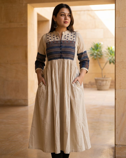Beige Cotton Anarkali Kurta for Women | Ajrakh Printed Yoke Ethnic Dress with Pockets – Rosaya