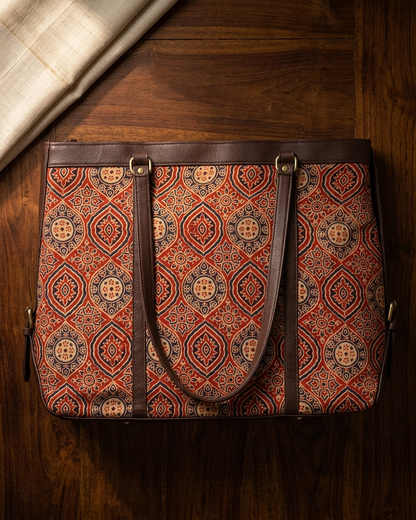 Ajrakh Printed Handcrafted Tote Bag for Women | Rust & Indigo Ethnic Shoulder Bag – Rosaya