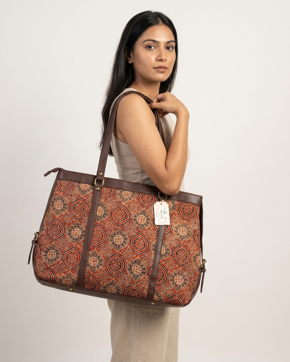 Ajrakh Printed Handcrafted Tote Bag for Women | Rust & Indigo Ethnic Shoulder Bag – Rosaya