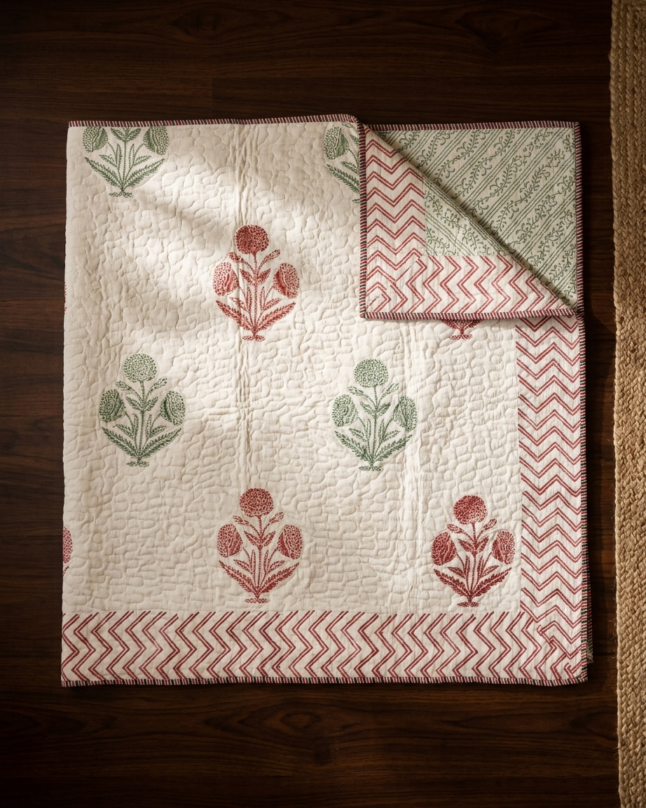 Jaipuri Hand Block Printed Cotton Dohar | Reversible Lightweight Quilt – Floral Motif (AC Comfort) | Rosaya