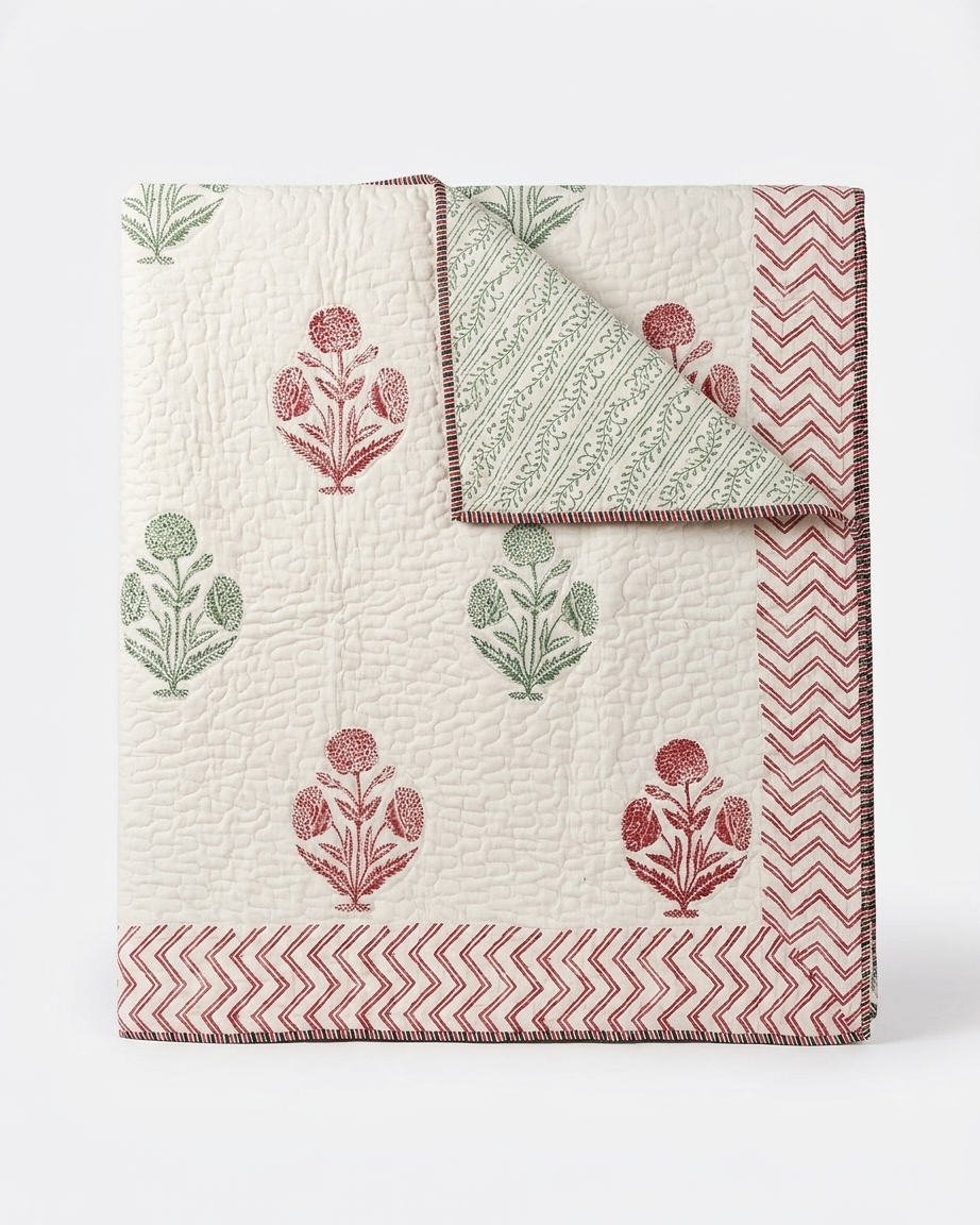 Jaipuri Hand Block Printed Cotton Dohar | Reversible Lightweight Quilt – Floral Motif (AC Comfort) | Rosaya