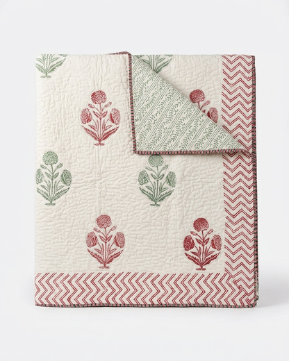 Jaipuri Hand Block Printed Cotton Dohar | Reversible Lightweight Quilt – Floral Motif (AC Comfort) | Rosaya