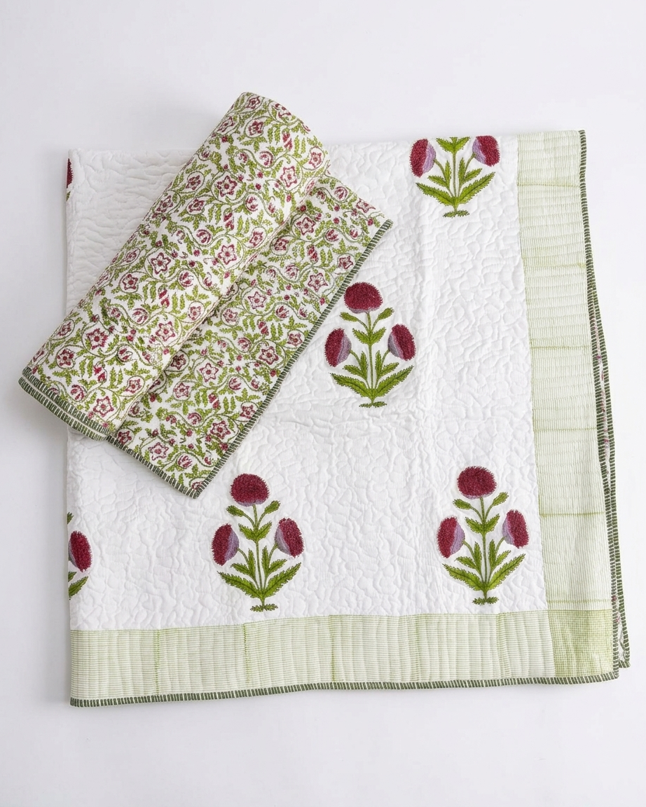 Jaipuri Cotton Dohar – Hand Block Printed Floral Reversible Lightweight Quilt (Pink & Green) | Rosaya