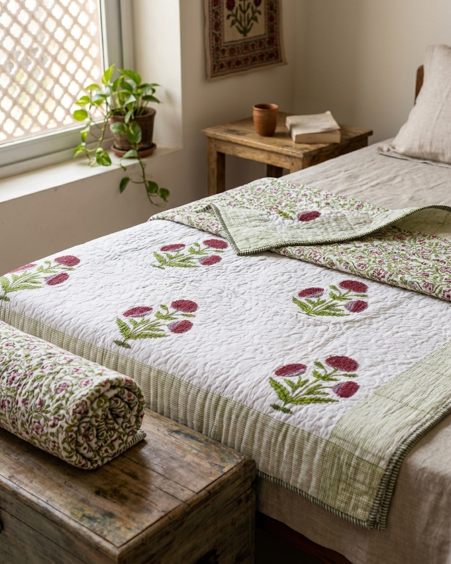 Jaipuri Cotton Dohar – Hand Block Printed Floral Reversible Lightweight Quilt (Pink & Green) | Rosaya