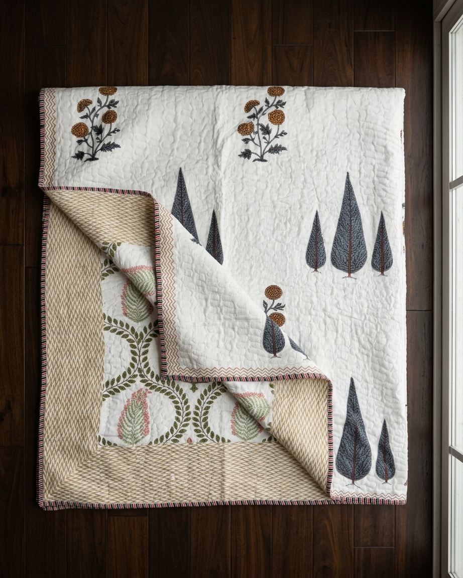 Jaipuri Cotton Dohar – Hand Block Print Leaf & Floral Reversible Lightweight Quilt (Beige & Earth Tones) | Rosaya