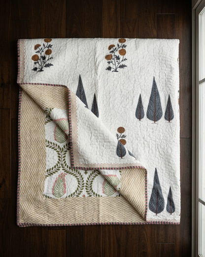 Jaipuri Cotton Dohar – Hand Block Print Leaf & Floral Reversible Lightweight Quilt (Beige & Earth Tones) | Rosaya