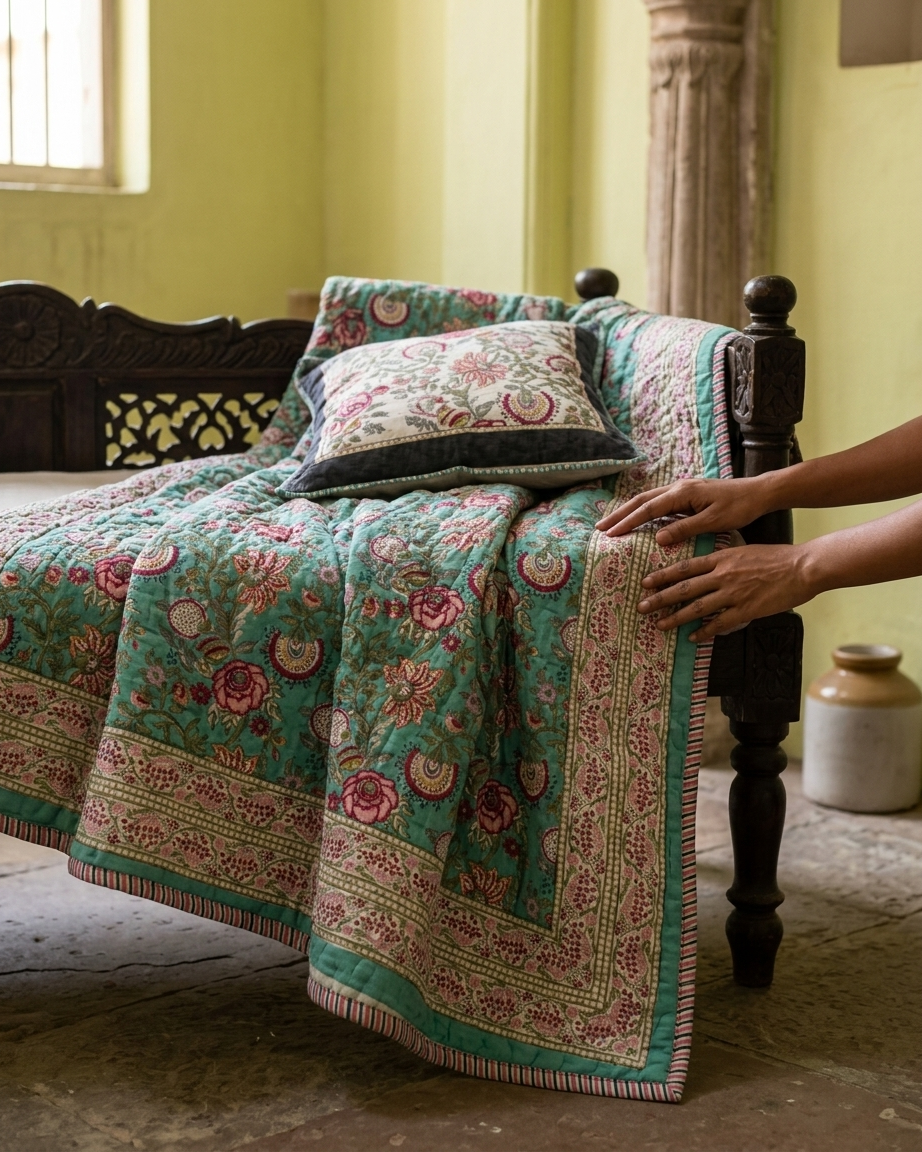 Jaipuri Cotton Dohar – Turquoise Floral Hand Block Print Reversible Lightweight Quilt (Double Bed) | Rosaya
