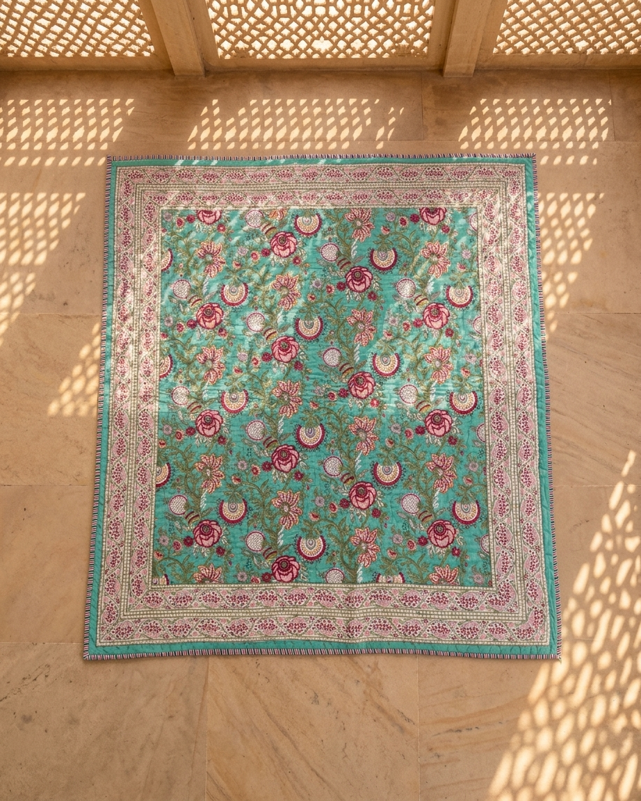 Jaipuri Cotton Dohar – Turquoise Floral Hand Block Print Reversible Lightweight Quilt (Double Bed) | Rosaya