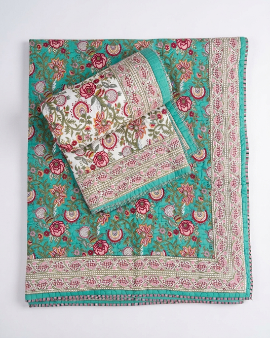 Jaipuri Cotton Dohar – Turquoise Floral Hand Block Print Reversible Lightweight Quilt (Double Bed) | Rosaya