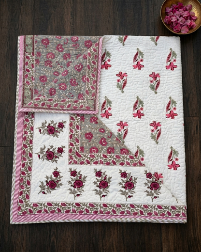 Jaipuri Cotton Dohar – Pink Floral Hand Block Print Reversible Lightweight Quilt (Double Bed) | Rosaya