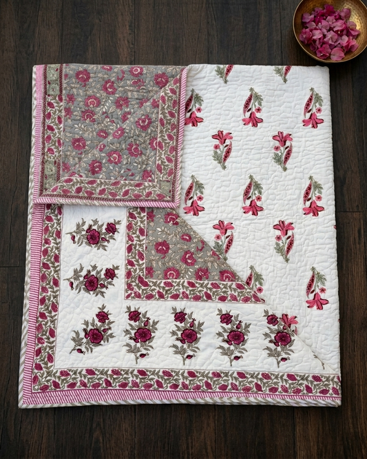 Jaipuri Cotton Dohar – Pink Floral Hand Block Print Reversible Lightweight Quilt (Double Bed) | Rosaya