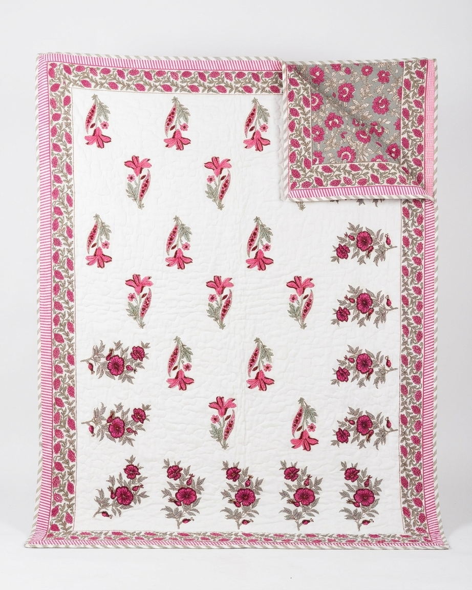 Jaipuri Cotton Dohar – Pink Floral Hand Block Print Reversible Lightweight Quilt (Double Bed) | Rosaya