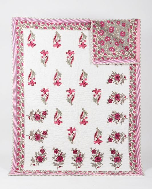 Jaipuri Cotton Dohar – Pink Floral Hand Block Print Reversible Lightweight Quilt (Double Bed) | Rosaya